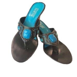 Franco Sarto L-Fatima Size 8.5 cork wedge sandal leather beads turquoise brown